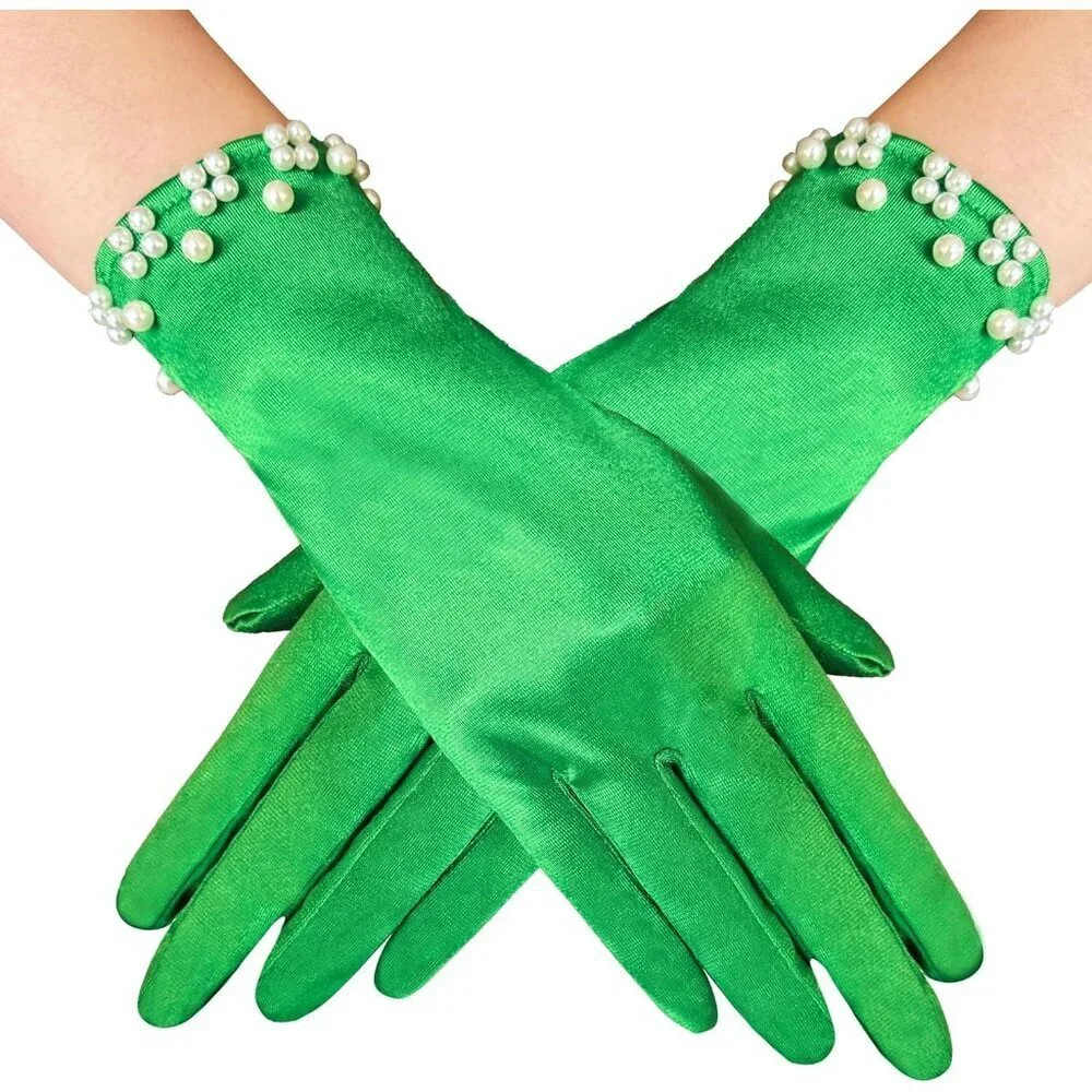 Women's Elegant Green Floral Short Lace Wrist Gloves Bridal Dinner Party Prom